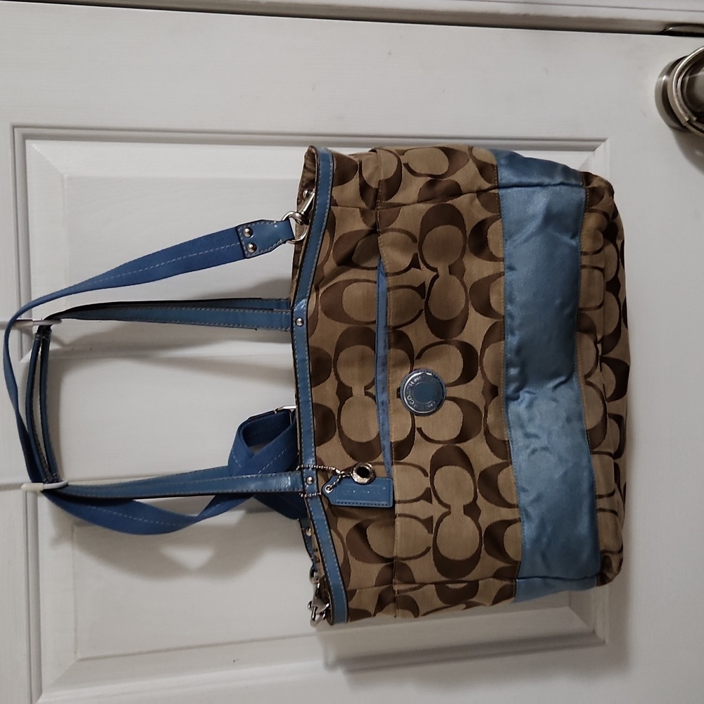 Coach Diaper Bag in Brown and Tag Signature with Blue trim
